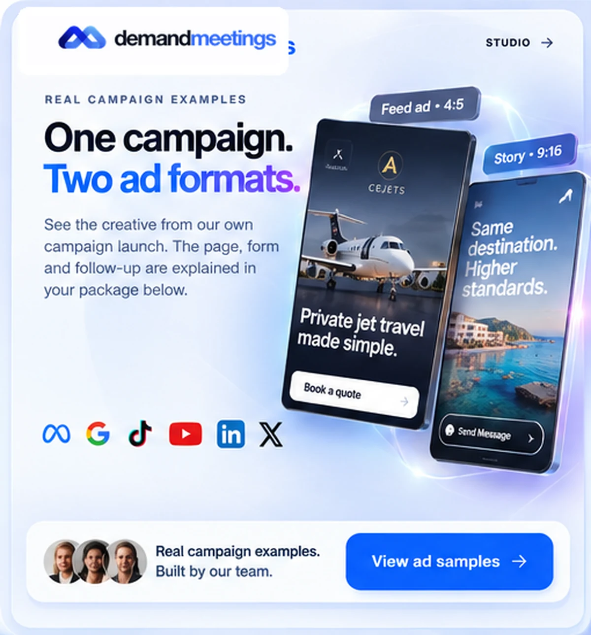 Illustrative aviation campaign concept adapted to feed and story ad formats. Supplied design example, not verified client work.