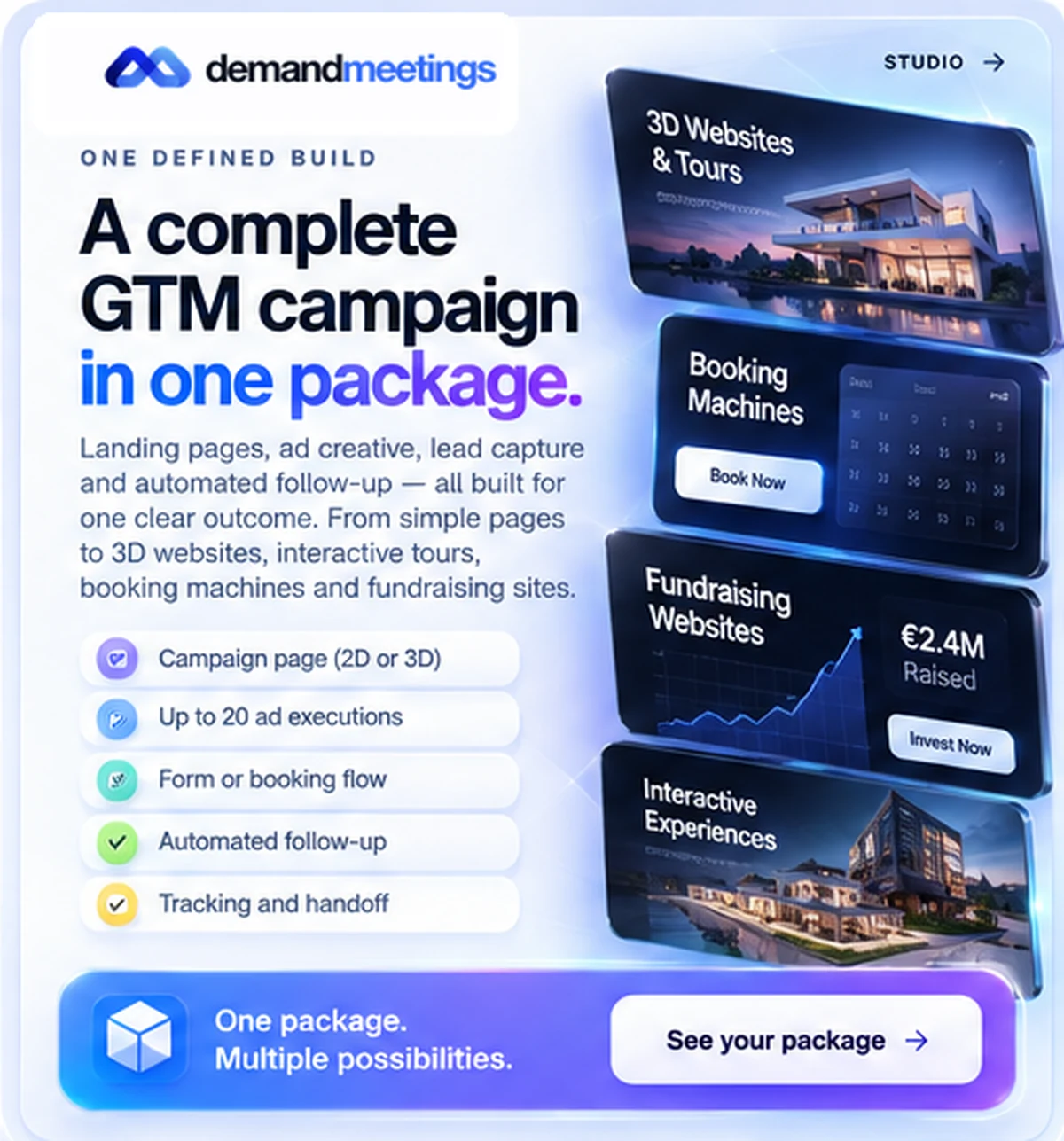 Broader Studio capabilities concept with campaign pages, 3D websites, tours, booking and fundraising sites. These are separately scoped services; fundraising figures are illustrative.