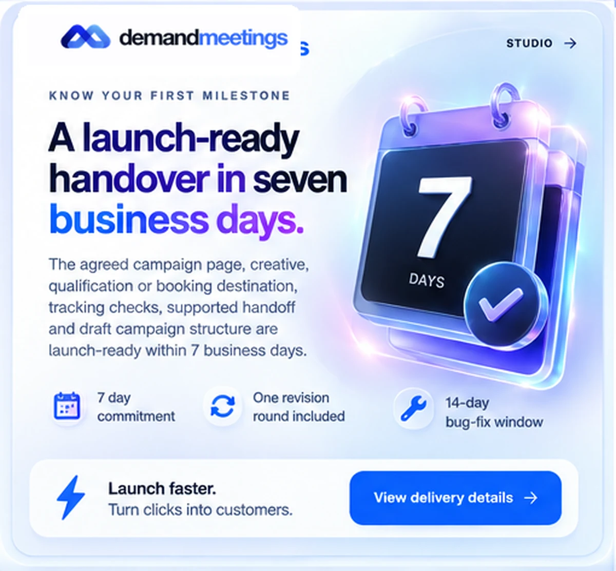 Campaign handover illustration showing a seven-business-day launch-ready milestone, one revision and a 14-day bug-fix window. The conditions are provided alongside this image.