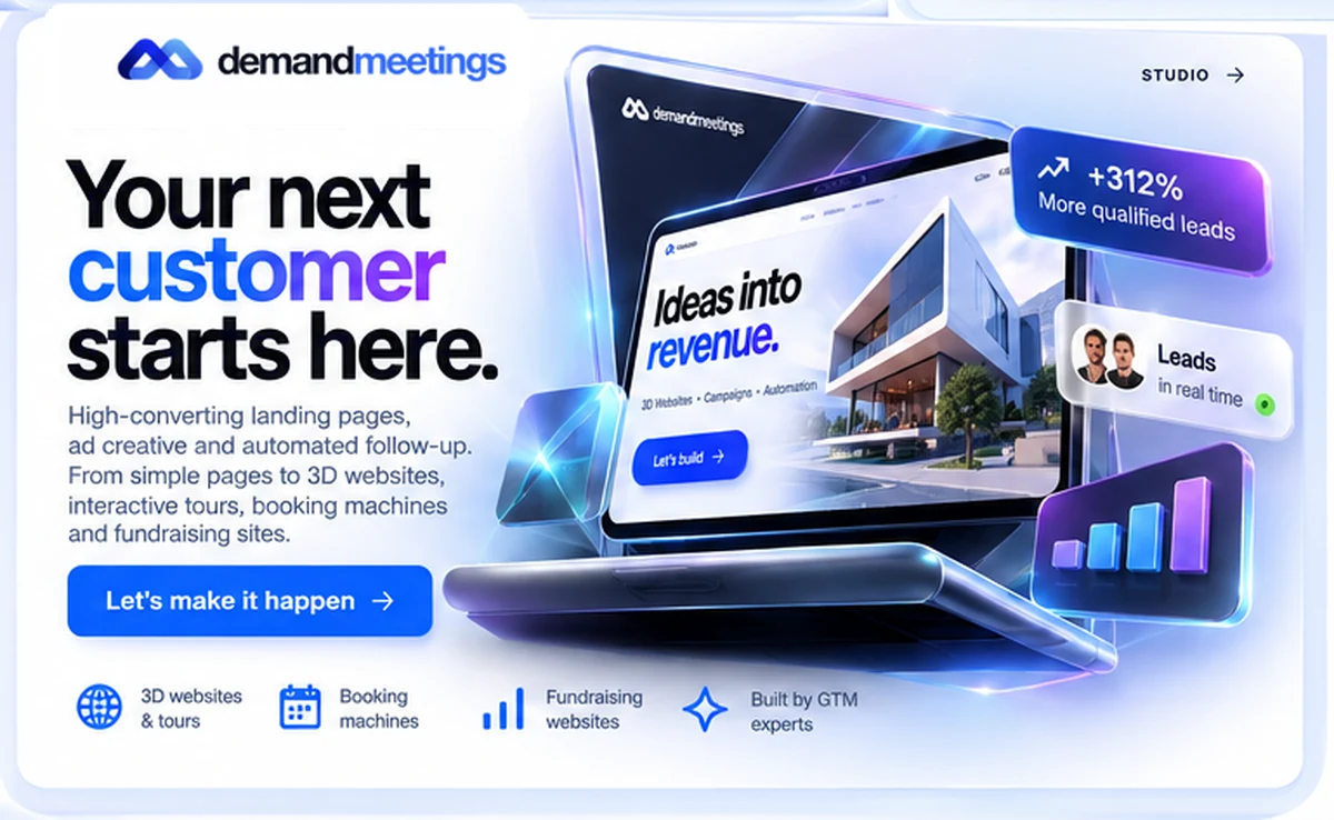 Studio conversion concept connecting landing pages, creative and follow-up with broader separately scoped web experiences. Growth figures shown are illustrative, not verified results.