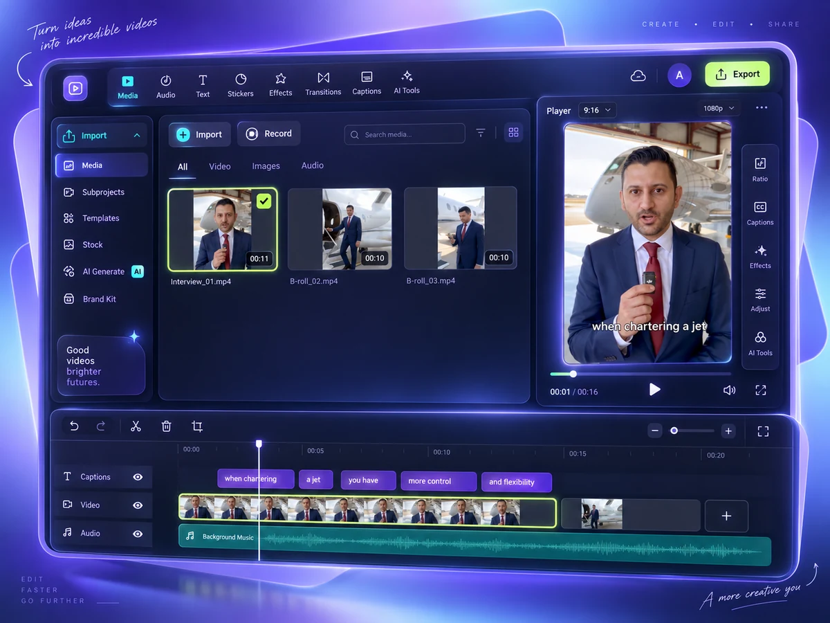 Illustrative video editing workspace showing supplied private-aviation reel footage, media clips, captions and a timeline.