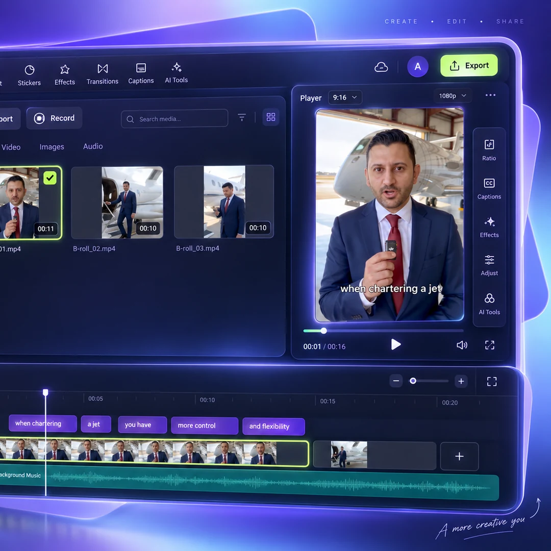 Illustrative video editing workspace showing supplied private-aviation reel footage, media clips, captions and a timeline.