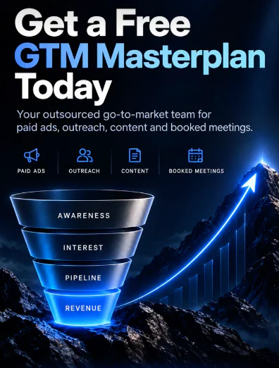 DemandMeetings GTM campaign creative with a blue growth arrow and an awareness-to-revenue funnel.