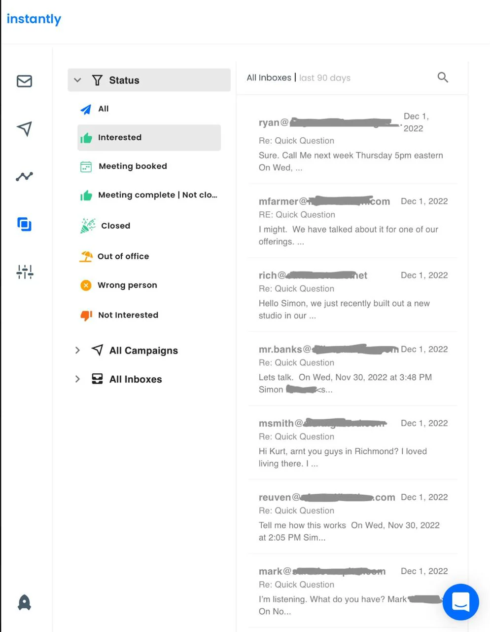 Instantly inbox screenshot with interested replies, status filters and redacted recipient details.