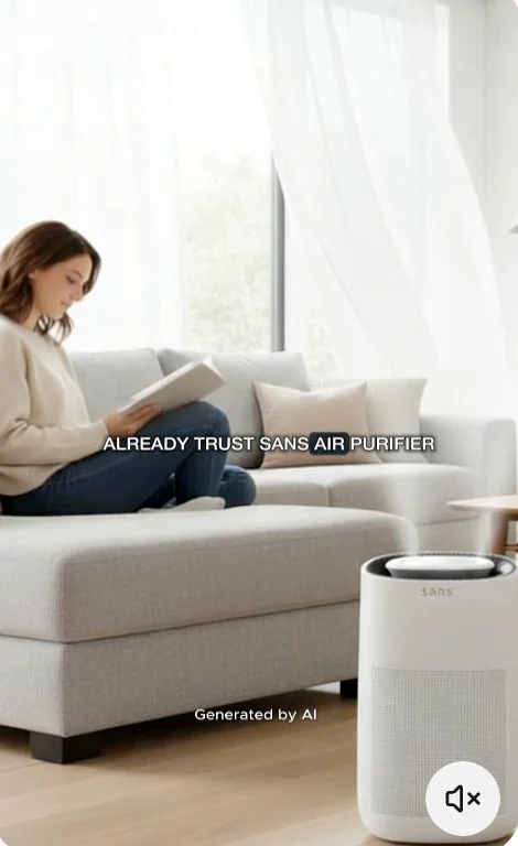 Still preview of an air-purifier lifestyle video with subtitles and a visible Generated by AI label.