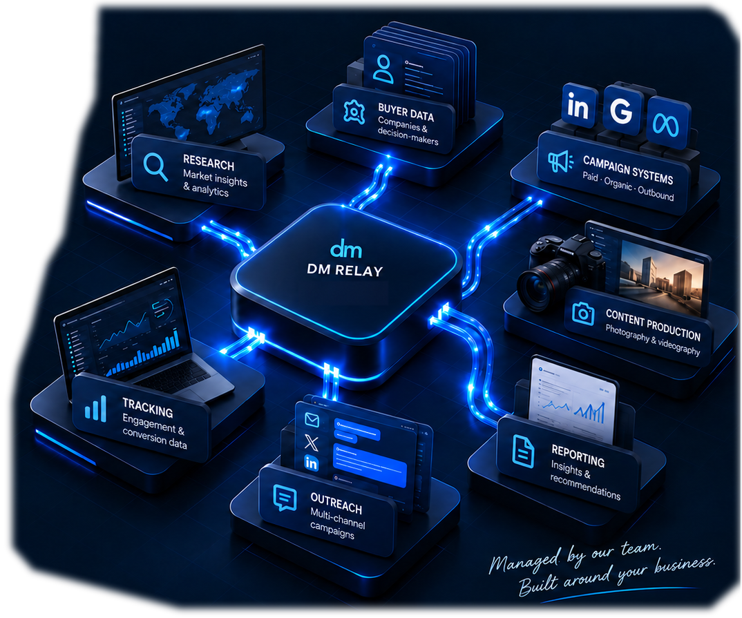 DM Relay connects research, buyer data, campaign systems, content production, tracking, outreach and reporting. Campaign systems shows LinkedIn, Google and Meta. Outreach shows email, X and LinkedIn.